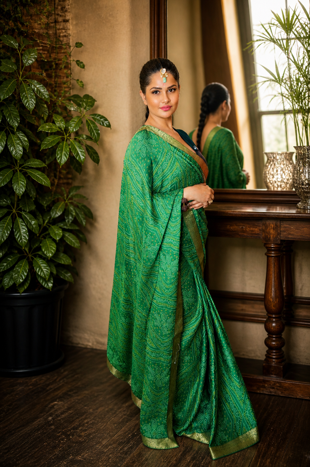 Emerald Green Bandhani Style Moss Chiffon Saree