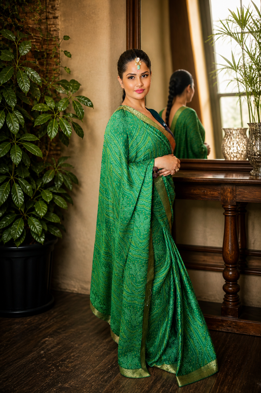 Emerald Green Bandhani Style Moss Chiffon Saree