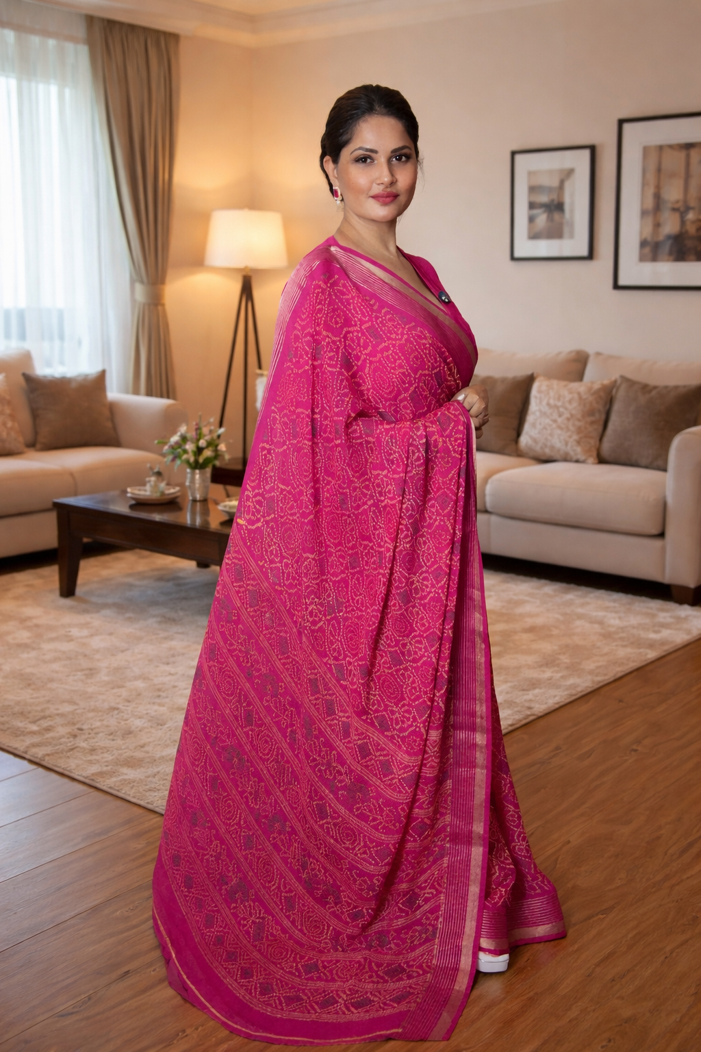 Bandhani Chiffon Saree with Thread Weaving Border