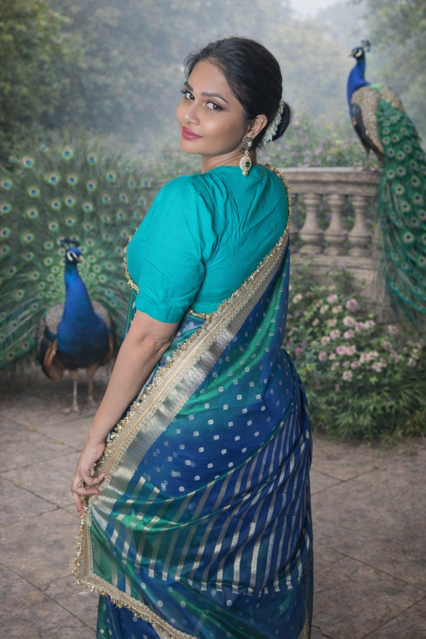 Rare Peacock Shade Tissue Silk Designer Lace Work Banarasi Saree
