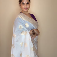 VASTRAYAM White Soft Banarasi Silk Saree With Resham Weave Pallu