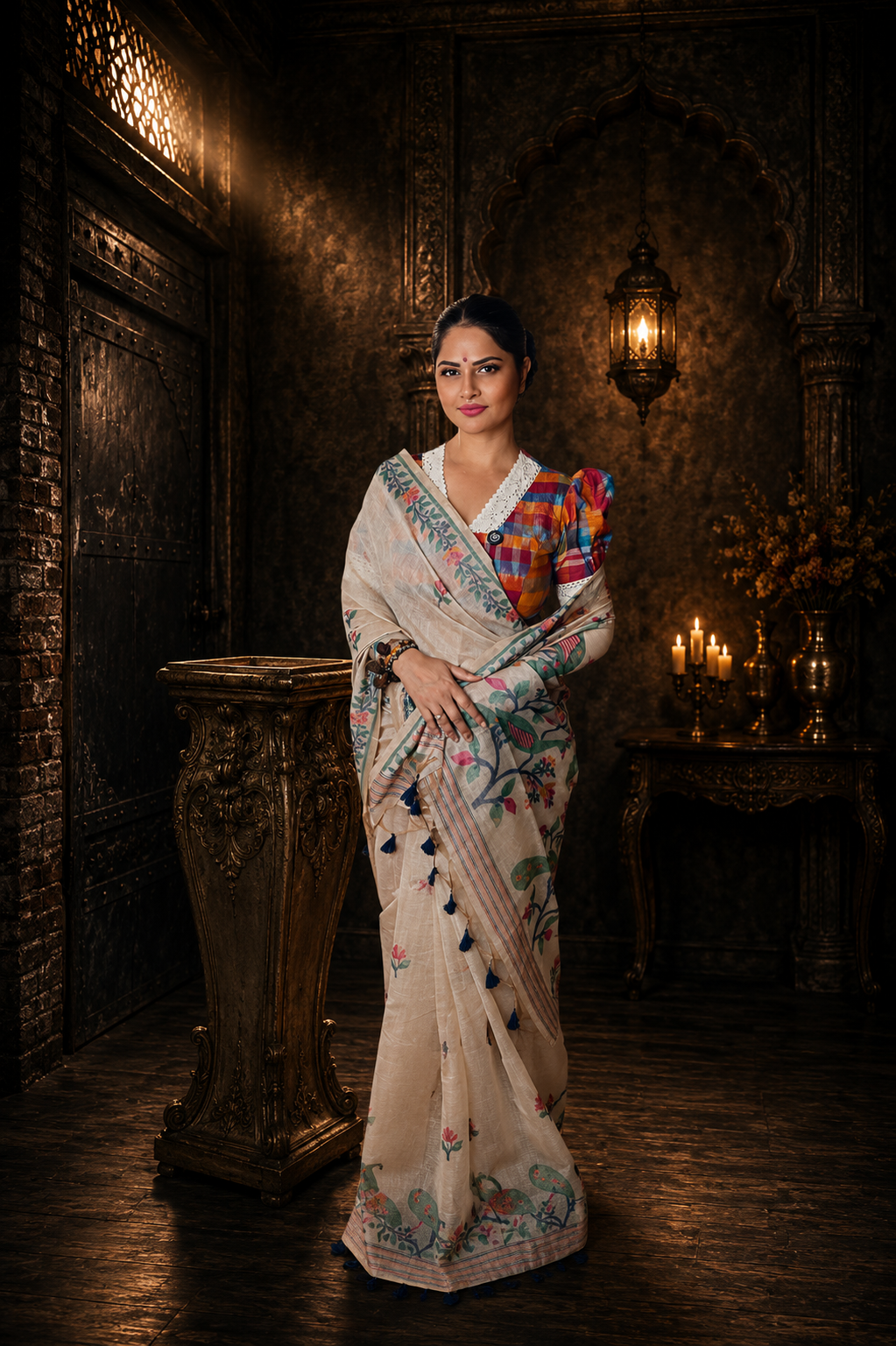 Beige Premium Muga Cotton Jamdani Saree with Peacock Pallu