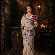 Beige Premium Muga Cotton Jamdani Saree with Peacock Pallu