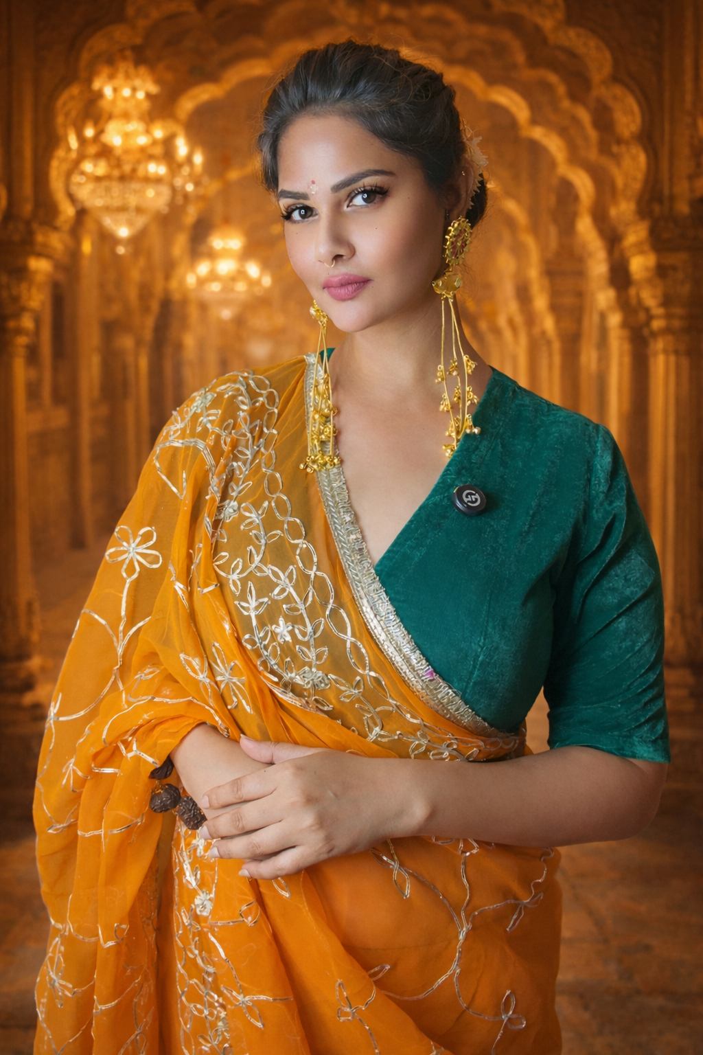 VASTRAYAM Exclusive Mustard Georgette Saree with Embroidered Detailing