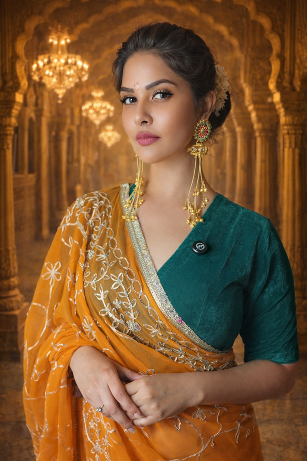 VASTRAYAM Exclusive Mustard Georgette Saree with Embroidered Detailing