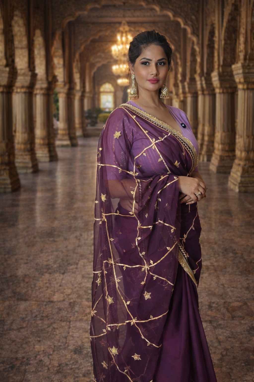 VASTRAYAM Exclusive Wine Purple Georgette Saree with Gold Embroidery