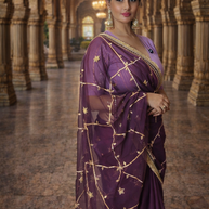 VASTRAYAM Exclusive Wine Purple Georgette Saree with Gold Embroidery
