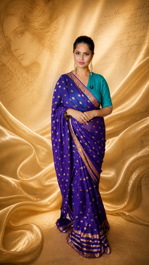 VASTRAYAM Blueish Purple Khaddi Buti Georgette Saree