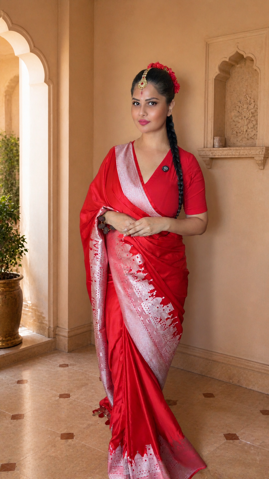 Bridal Red Mashru Katan Silk Banarasi Saree – Ghats Inspired Weave