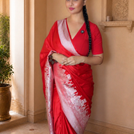 Bridal Red Mashru Katan Silk Banarasi Saree – Ghats Inspired Weave