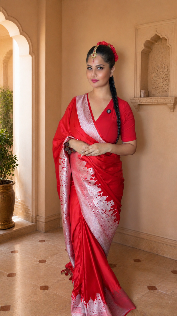 Bridal Red Mashru Katan Silk Banarasi Saree – Ghats Inspired Weave