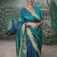 Rare Peacock Shade Tissue Silk Designer Lace Work Banarasi Saree