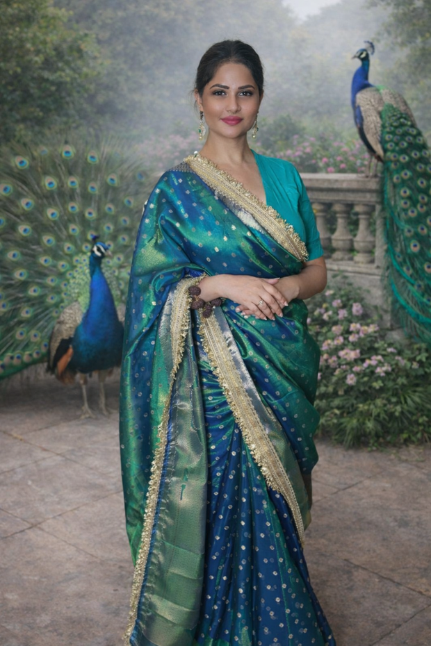 Rare Peacock Shade Tissue Silk Designer Lace Work Banarasi Saree