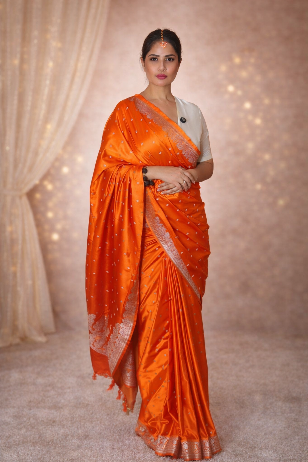 VASTRAYAM Bright Orange Mashru Katan Silk Banarasi Saree