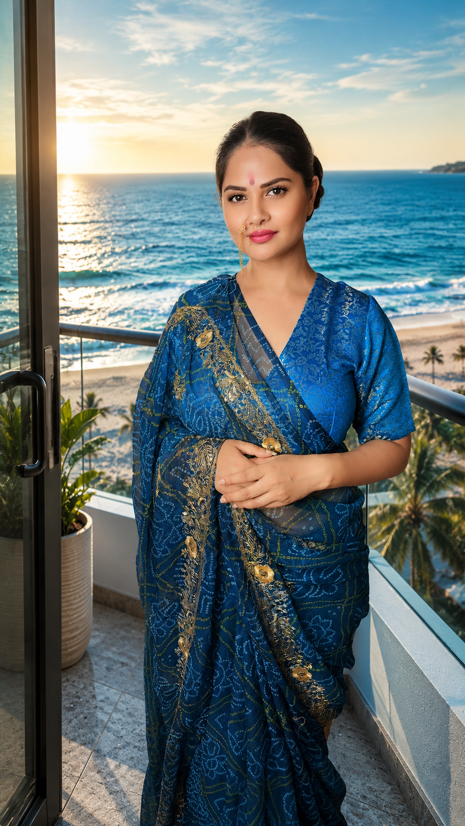 Royal Blue Bandhani Georgette Saree with Golden Sequence Tari Work