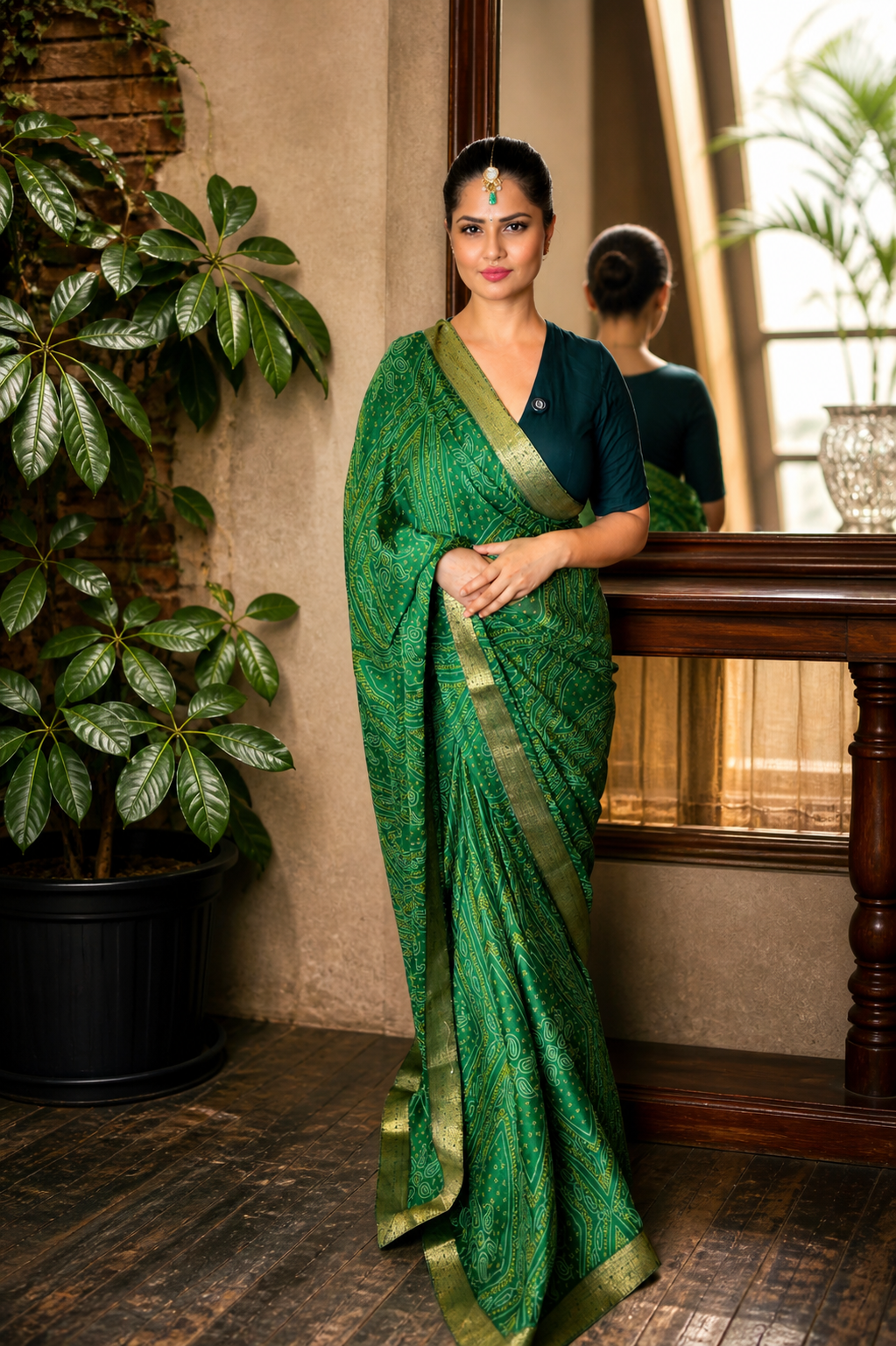 Emerald Green Bandhani Style Moss Chiffon Saree