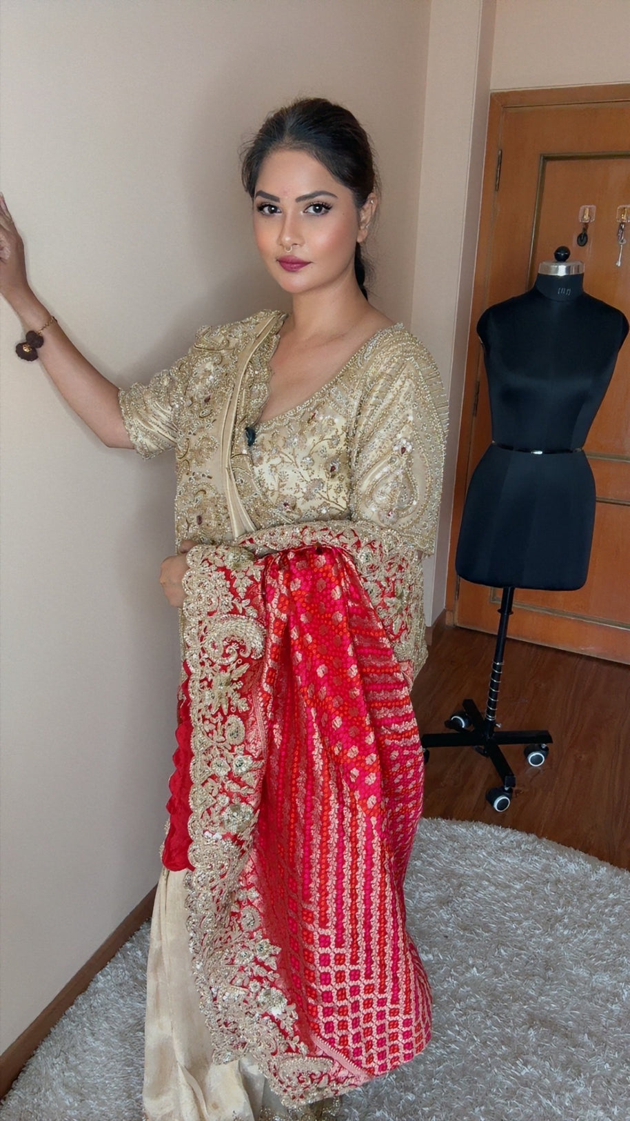 VASTRAYAM Exclusive Ivory Red Handwork Silk Drape Set