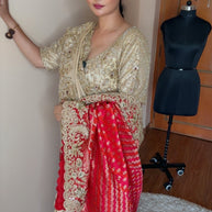VASTRAYAM Exclusive Ivory Red Handwork Silk Drape Set