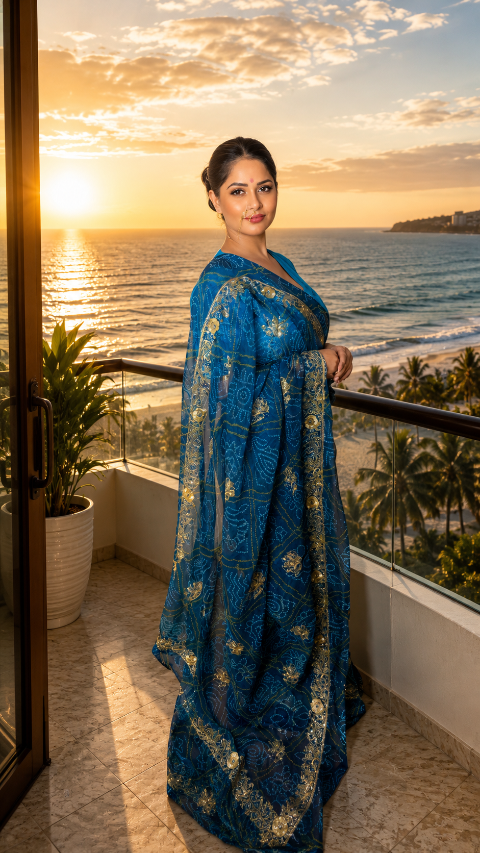 Royal Blue Bandhani Georgette Saree with Golden Sequence Tari Work