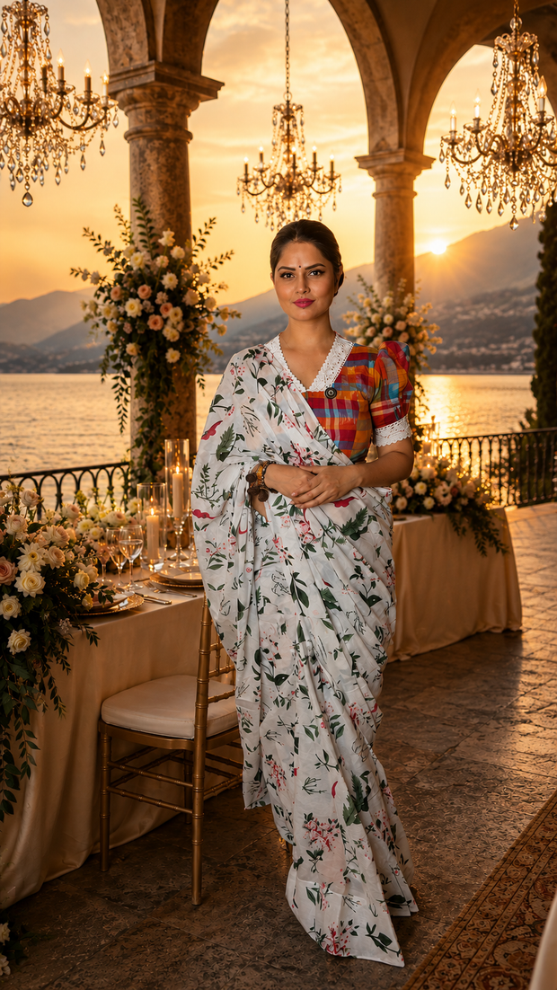 VASTRAYAM White Mulmul Cotton Bagru Print Saree