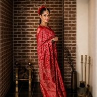 VASTRAYAM Red Bandhani Chiffon Saree With Woven Border