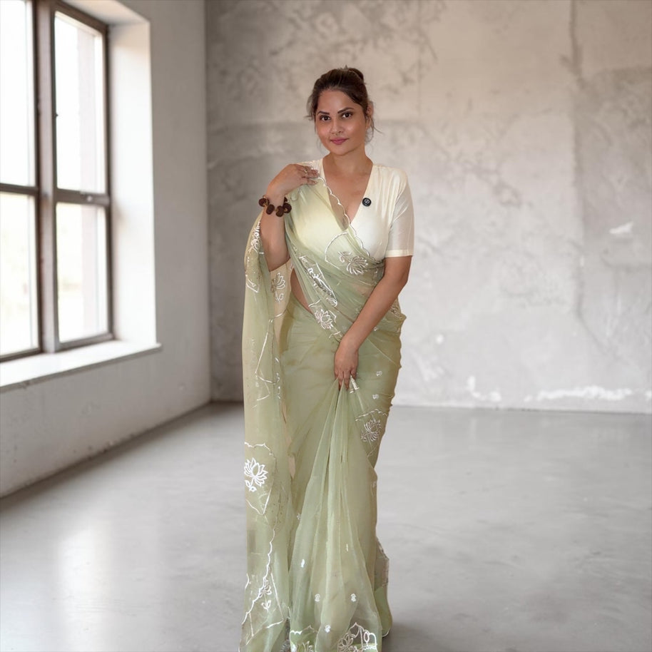 VASTRAYAM Pista Green Ruby Chiffon Silk Saree