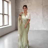 VASTRAYAM Pista Green Ruby Chiffon Silk Saree