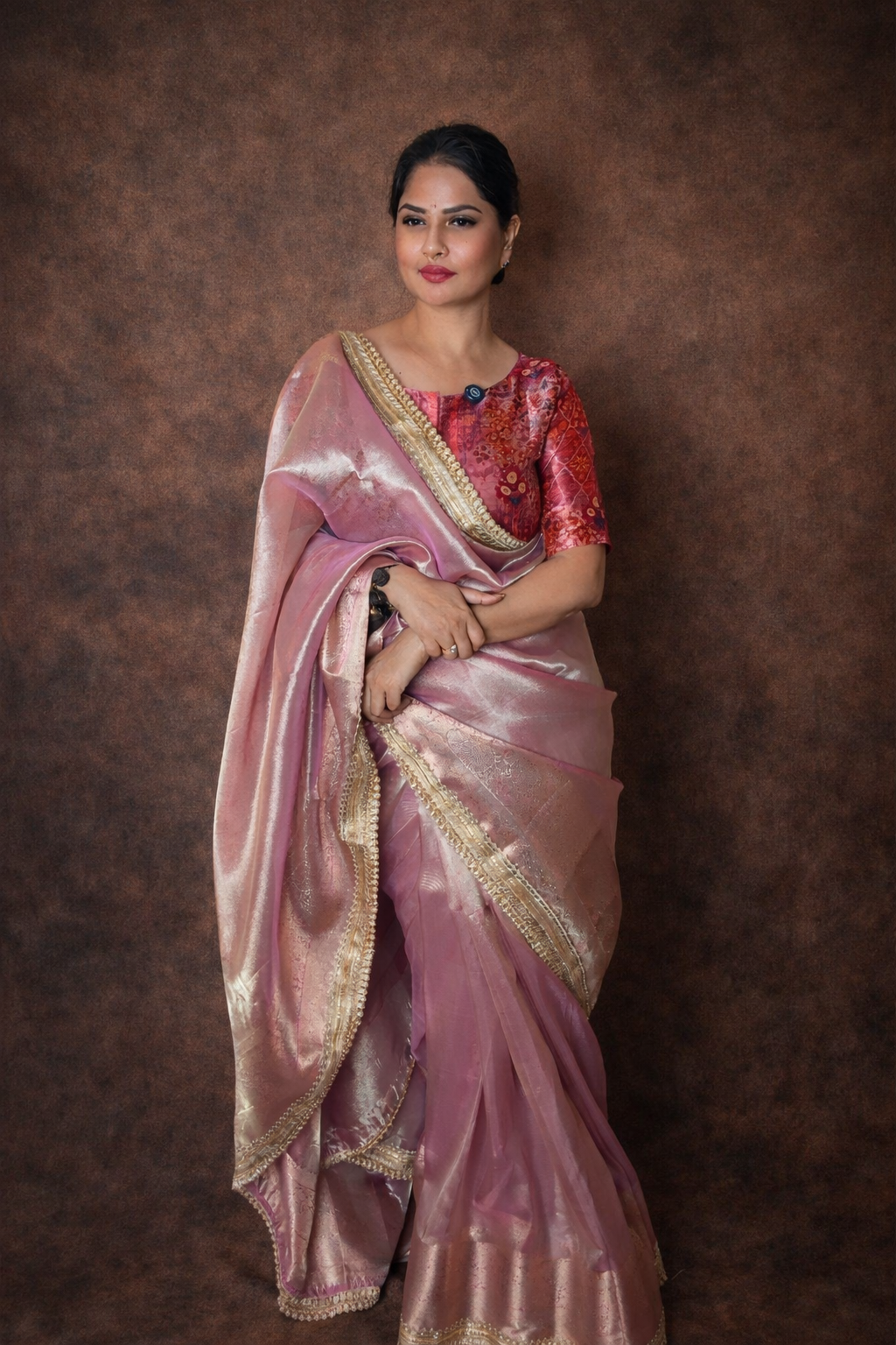Pink Banarasi Tissue Silk Saree with Zari Border & Rich Pallu