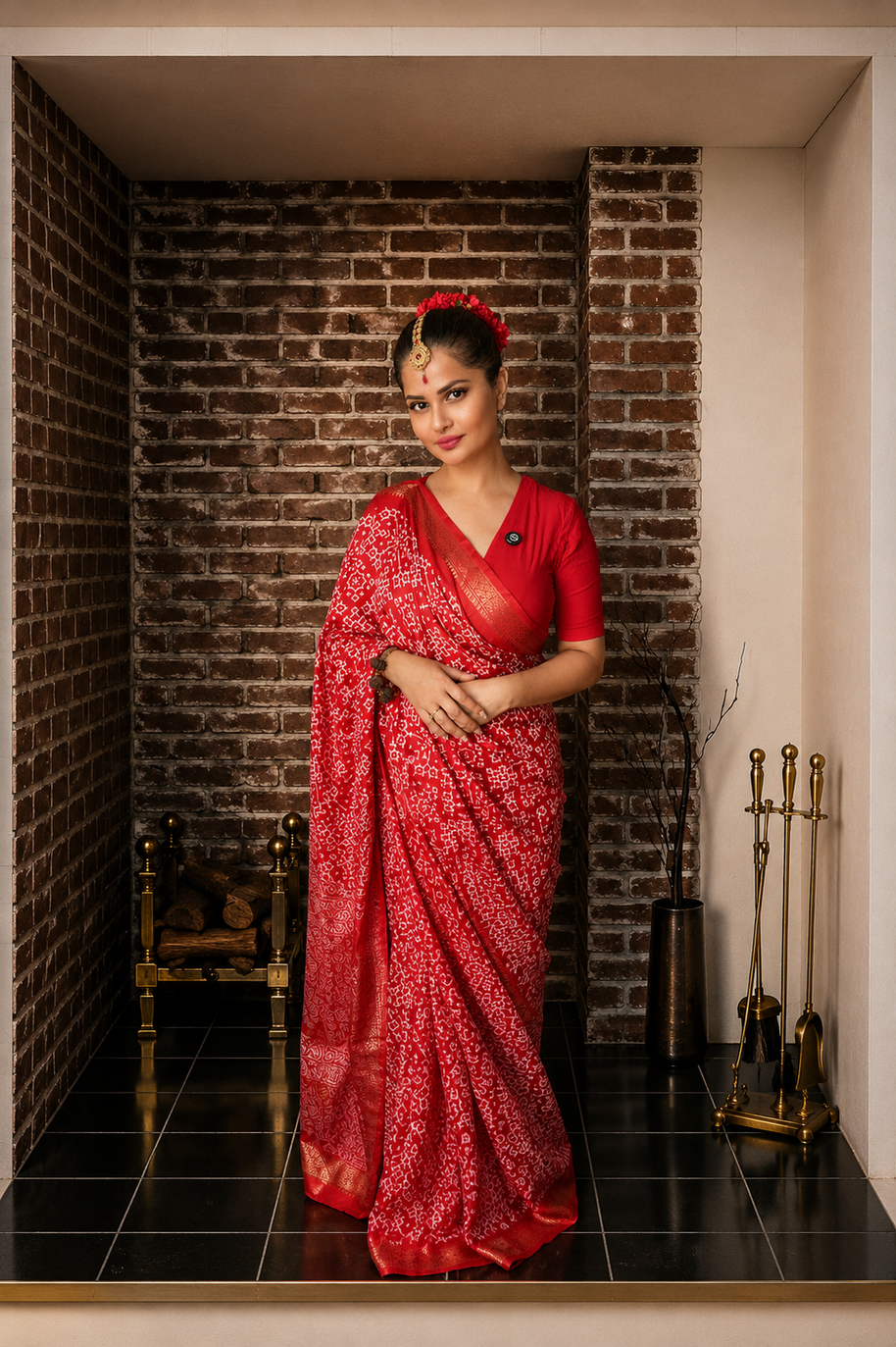 VASTRAYAM Red Bandhani Chiffon Saree With Woven Border