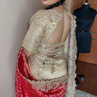 VASTRAYAM Exclusive Ivory Red Handwork Silk Drape Set