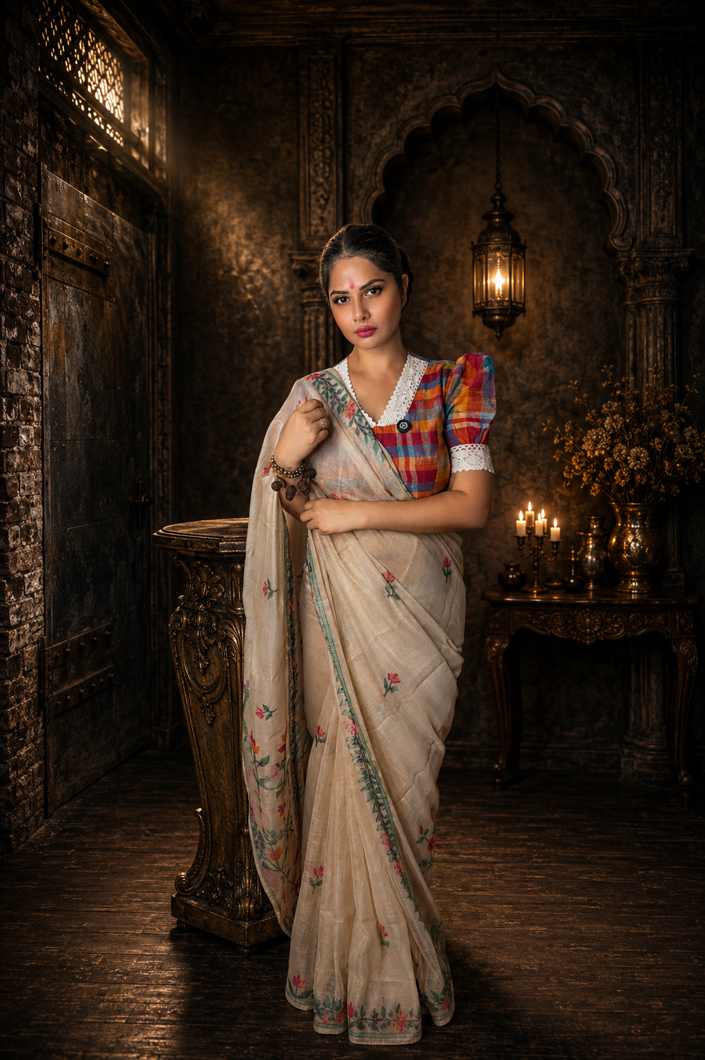 Beige Premium Muga Cotton Jamdani Saree with Peacock Pallu