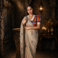 Beige Premium Muga Cotton Jamdani Saree with Peacock Pallu