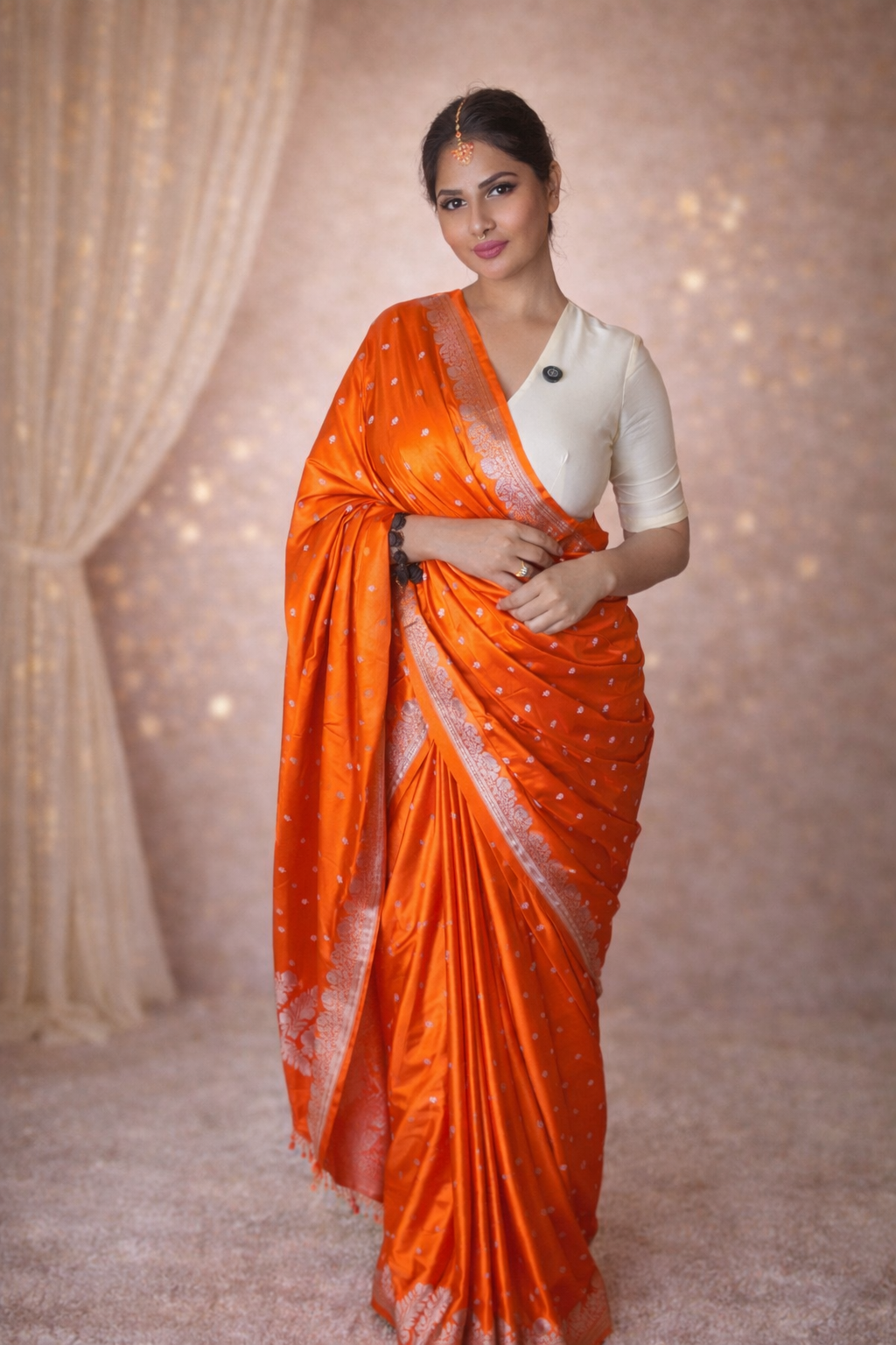 VASTRAYAM Bright Orange Mashru Katan Silk Banarasi Saree