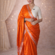 VASTRAYAM Bright Orange Mashru Katan Silk Banarasi Saree