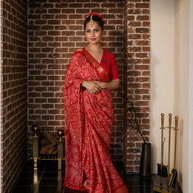 VASTRAYAM Red Bandhani Chiffon Saree With Woven Border