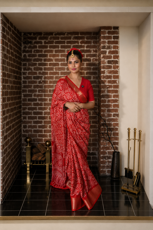 VASTRAYAM Red Bandhani Chiffon Saree With Woven Border