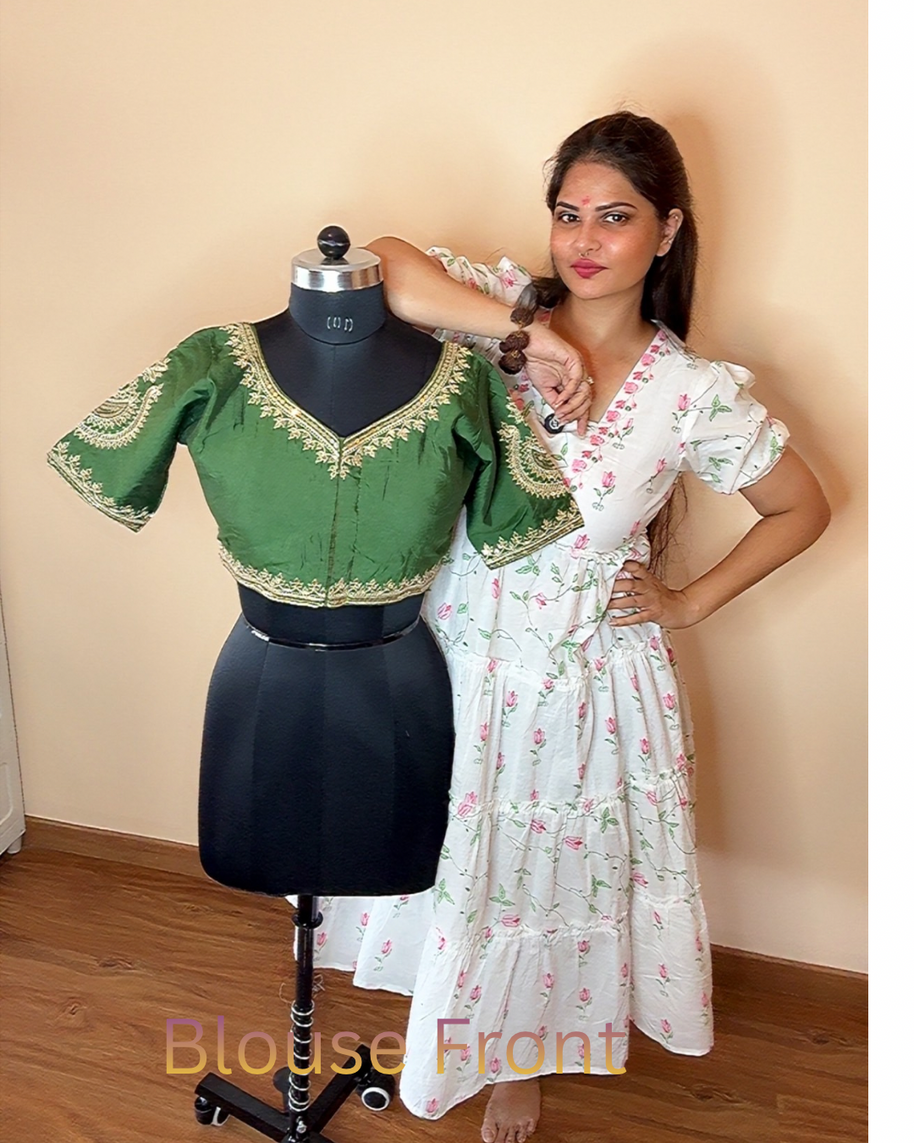 VASTRAYAM Pista Green Embroidery Blouse (Front & Back)