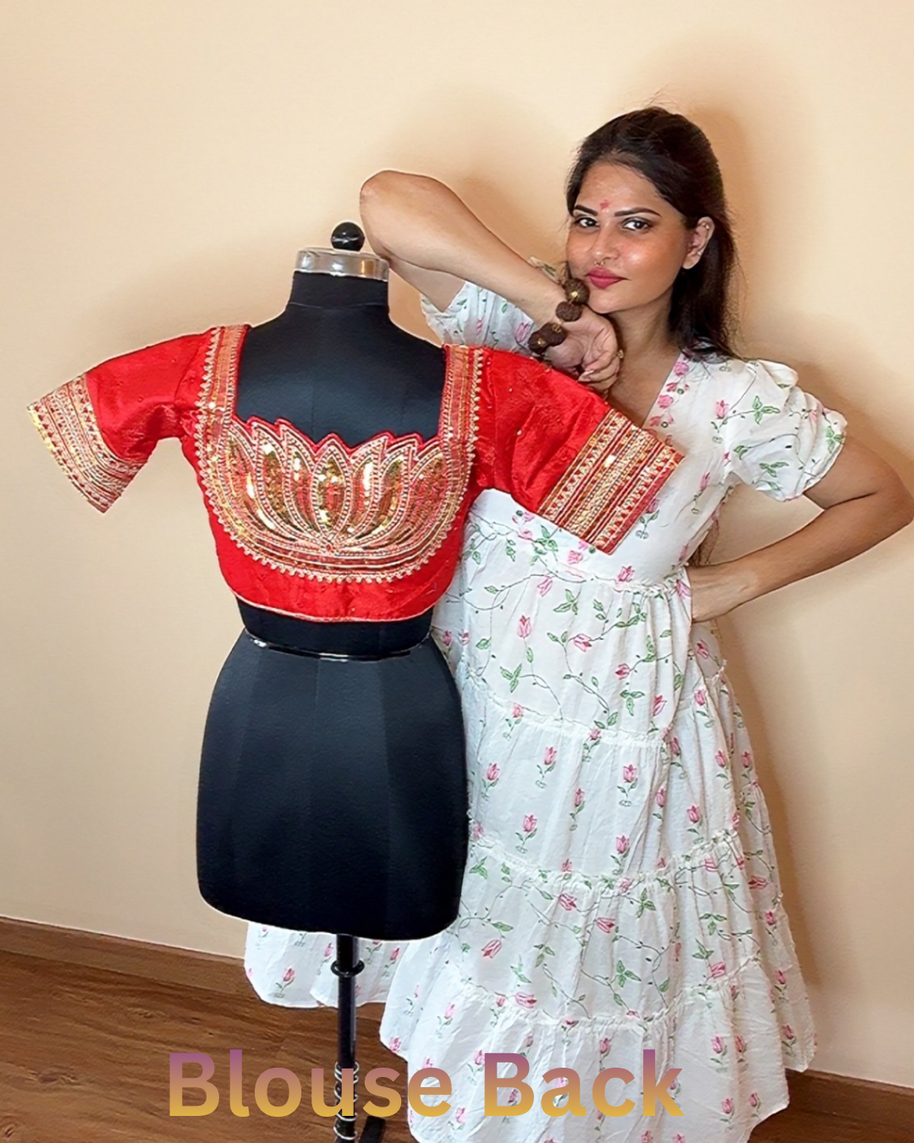VASTRAYAM Red Embroidery Blouse (Front & Back)