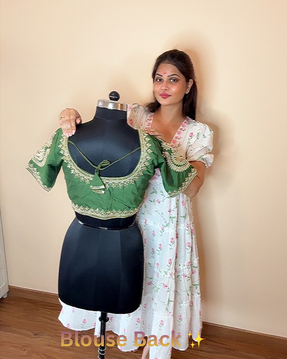 VASTRAYAM Pista Green Embroidery Blouse (Front & Back)