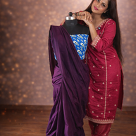 Wine Khadi Cotton Handblock Saree With Printed Blouse | VASTRAYAM