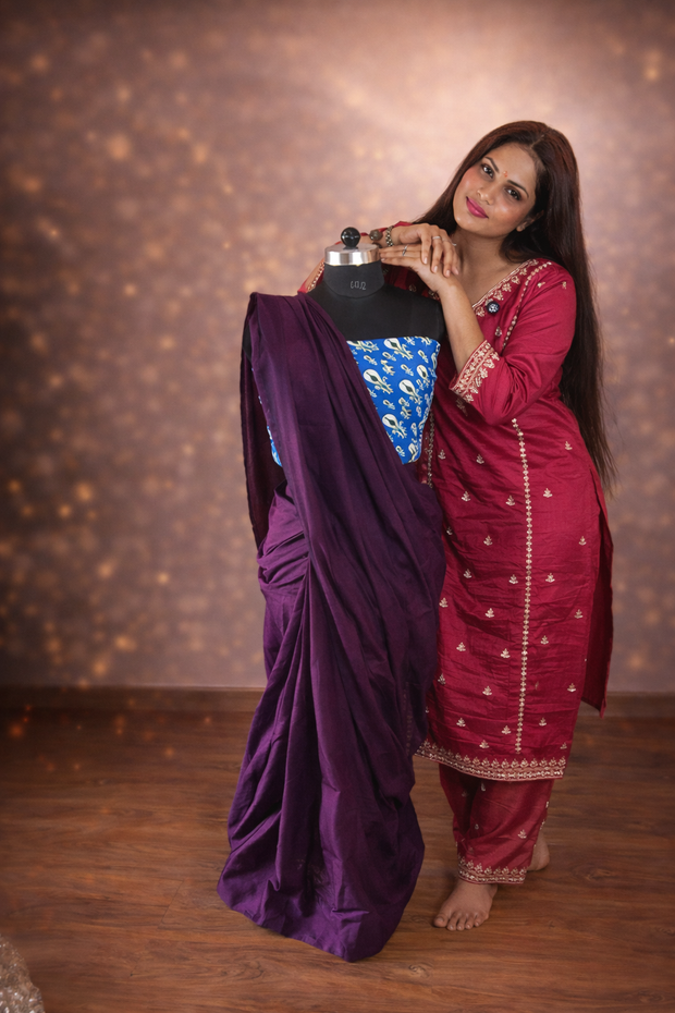 Wine Khadi Cotton Handblock Saree With Printed Blouse | VASTRAYAM