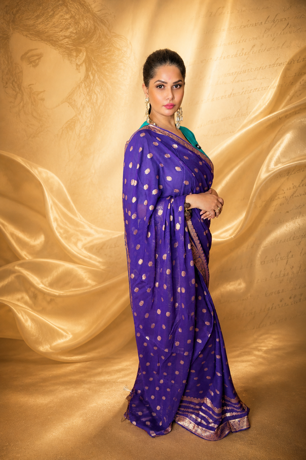 VASTRAYAM Blueish Purple Khaddi Buti Georgette Saree