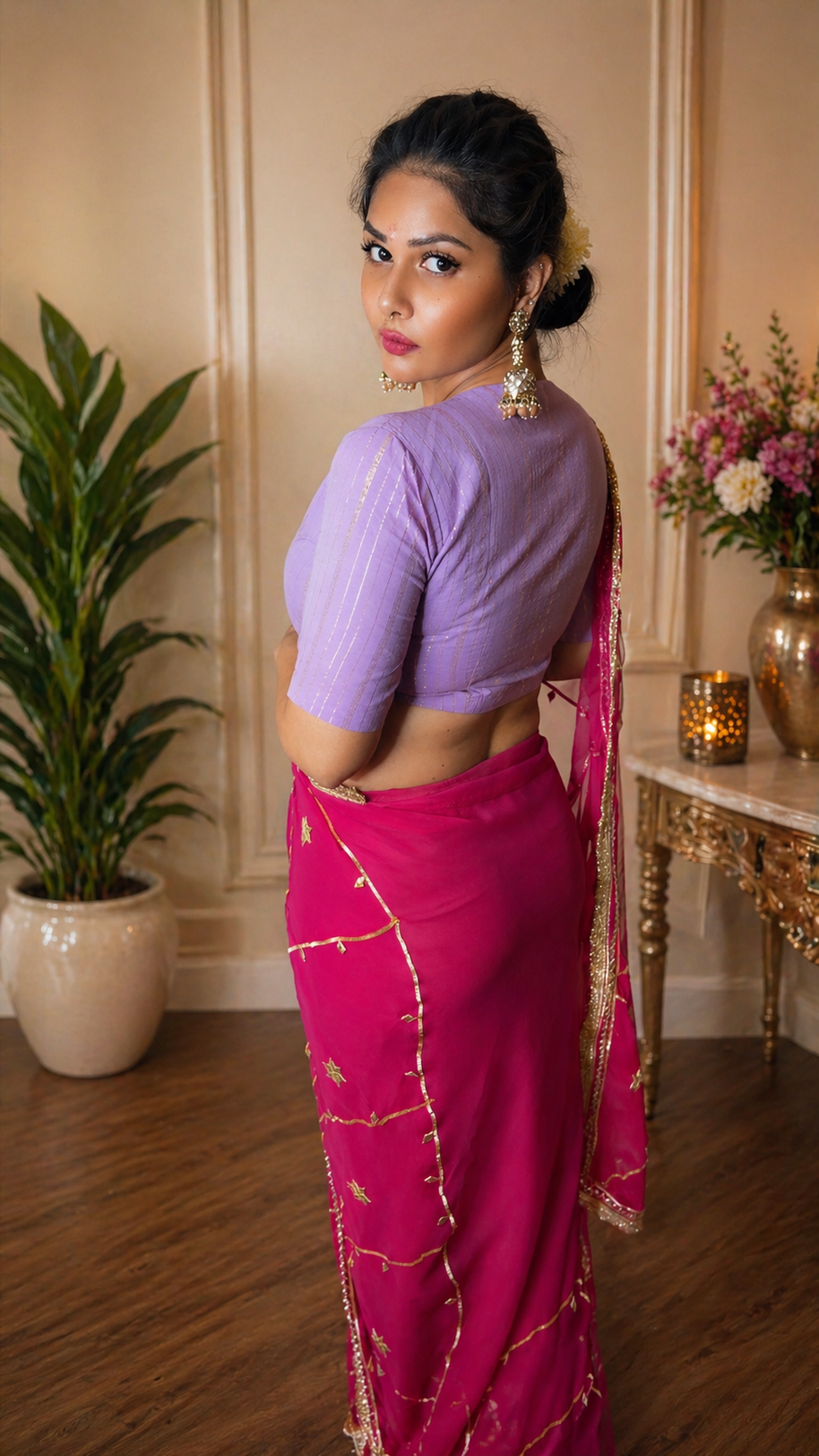 VASTRAYAM Rani Pink Georgette Saree With Golden Work