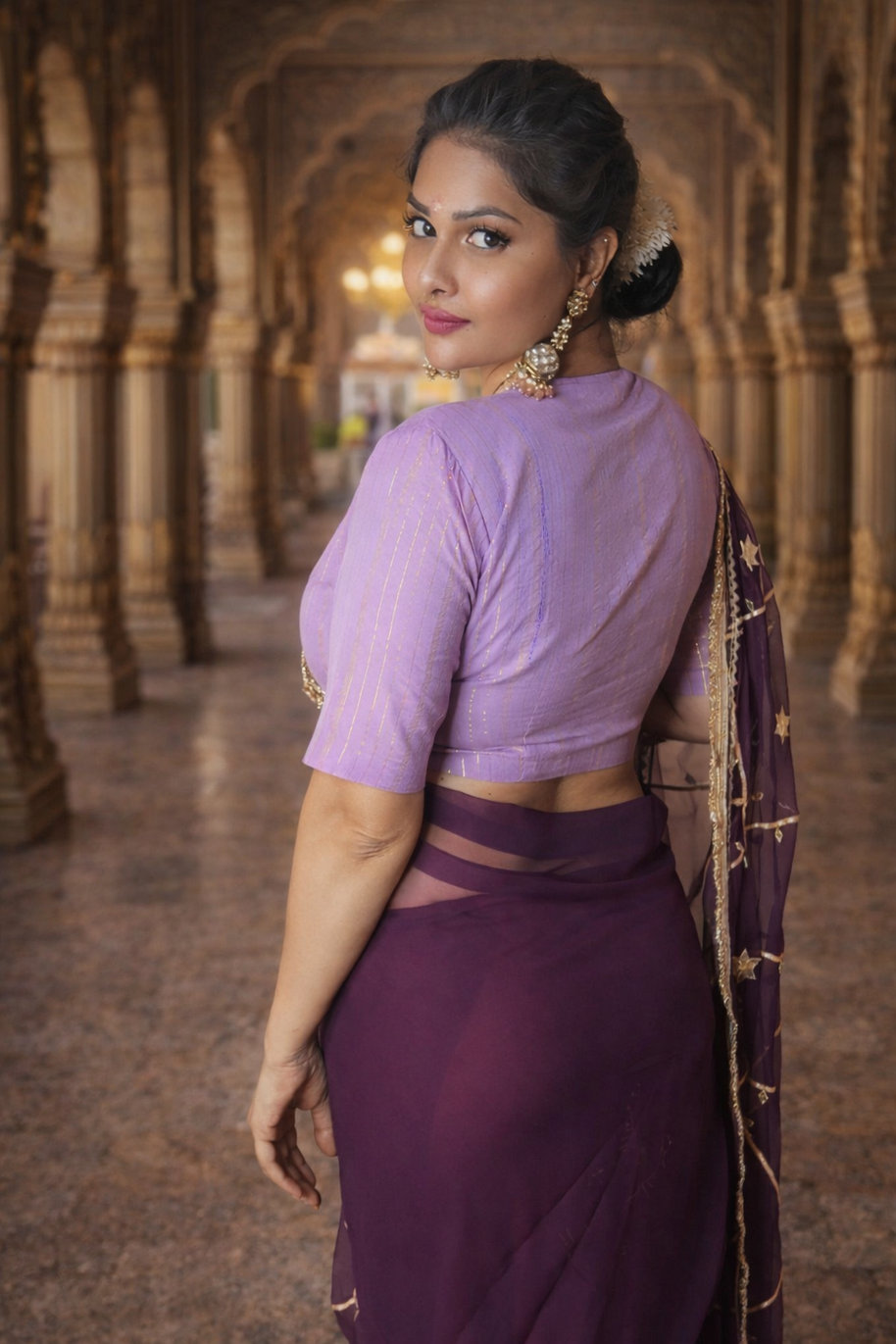VASTRAYAM Exclusive Wine Purple Georgette Saree with Gold Embroidery