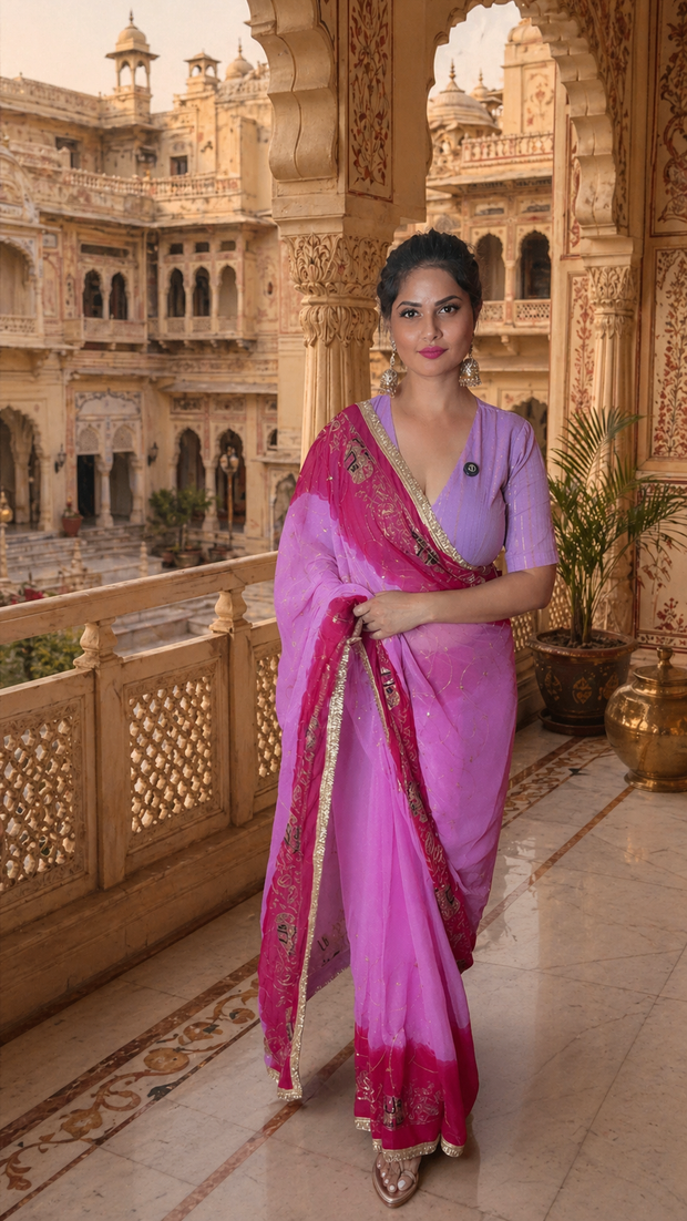 VASTRAYAM Premium Pink Ombre Georgette Saree