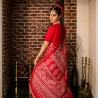 VASTRAYAM Red Bandhani Chiffon Saree With Woven Border