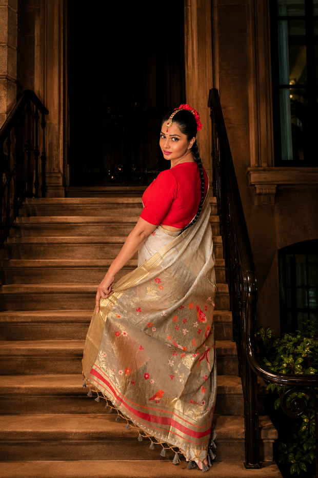 Top Selling Beige Muga Cotton Saree With Zari Weaving Work