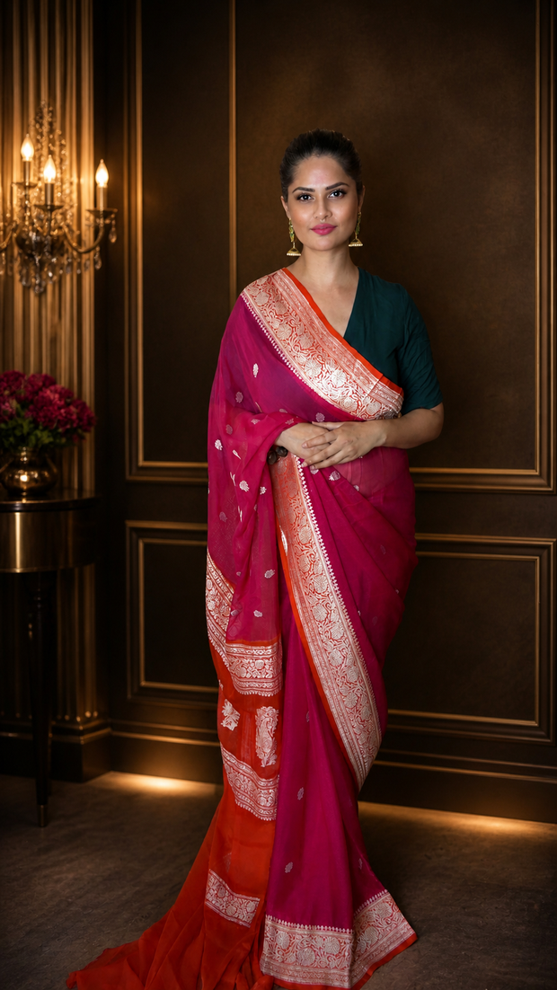 Royal Rani Pink Pure Georgette Zari Saree