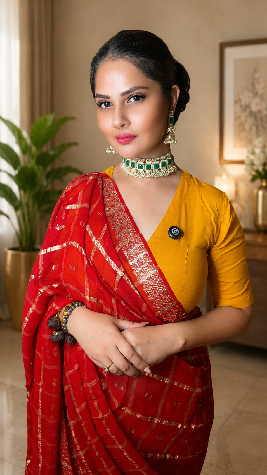 ❤️ Royal Red Bandhani Georgette Saree with Golden Zari Work