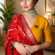 ❤️ Royal Red Bandhani Georgette Saree with Golden Zari Work
